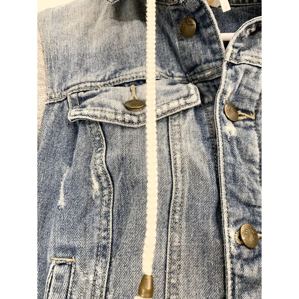Free People Blue Denim Jacket XS X Small 17” Sweat Hoodie Sleeves Distressed